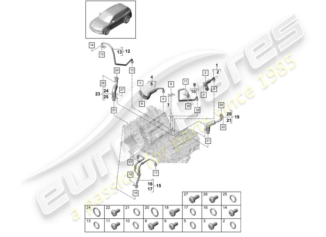 porsche 2021 (cayenne e3 9ya/9yb) kühlmittelkühlsystem für turbolader öldruckleitung für motorölkühlung teilediagramm
