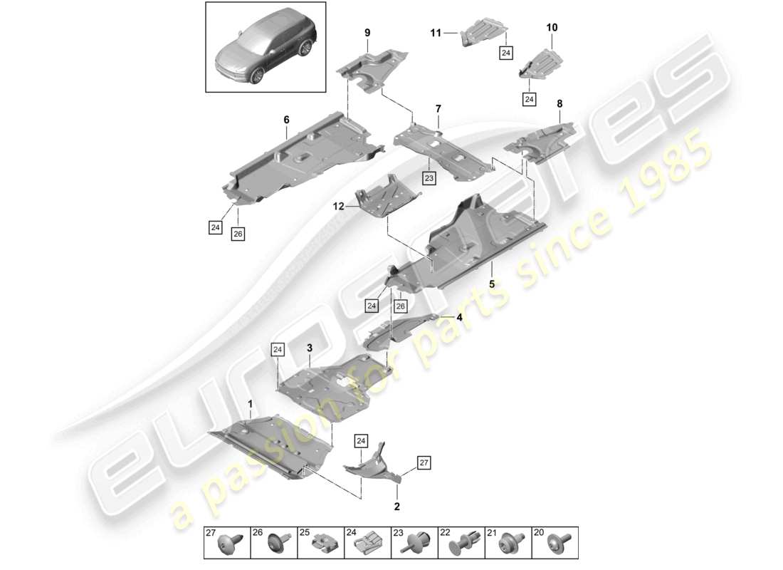 porsche 2021 (cayenne e3 9ya/9yb) verkleidung unterbodenverkleidung für fahrzeuge mit hybridantrieb teilediagramm