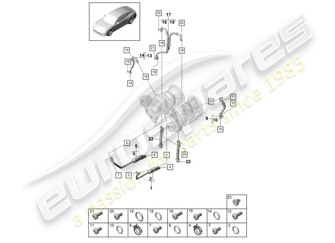 porsche 2021 (panamera 971-1) kühlmittelkühlung für turbolader öldruckleitung für abgasturbolader teilediagramm