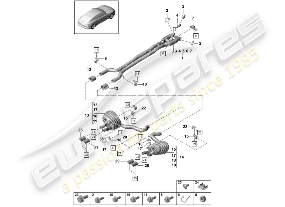 porsche 2021 (panamera 971-1) abgasanlage sportversion vorschalldämpfer nachschalldämpfer endrohr teilediagramm