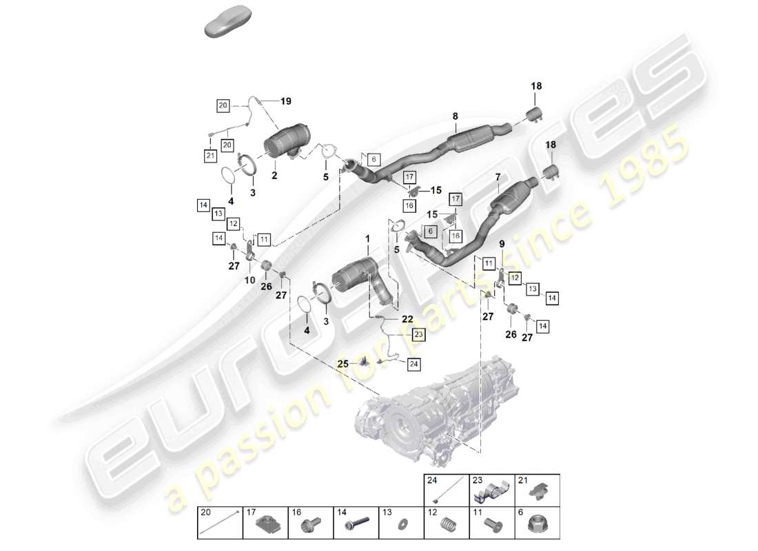 porsche 2023 (cayenne e3 pa) abgasanlage abgasrohr mit katalysator abgasrohr mit vorschalldämpfer lambdasonde teilediagramm