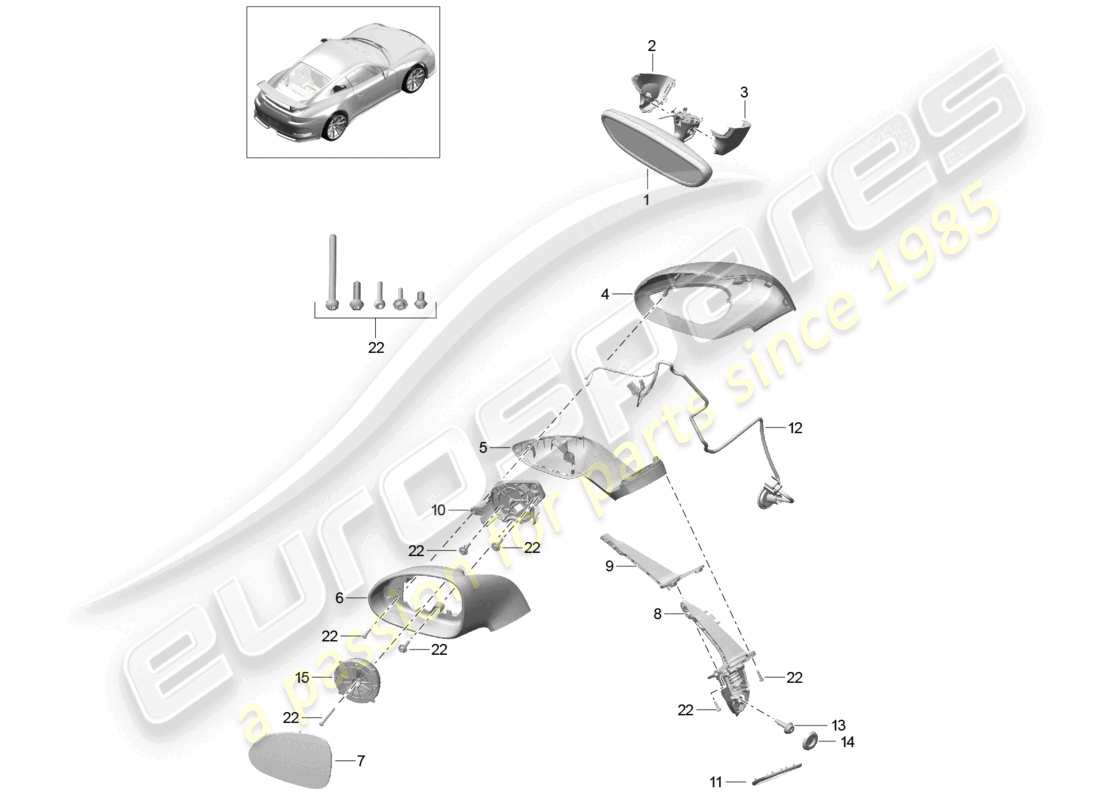 porsche 2021 (991-2 r/gt3/rs) innenspiegel außenspiegel teilediagramm