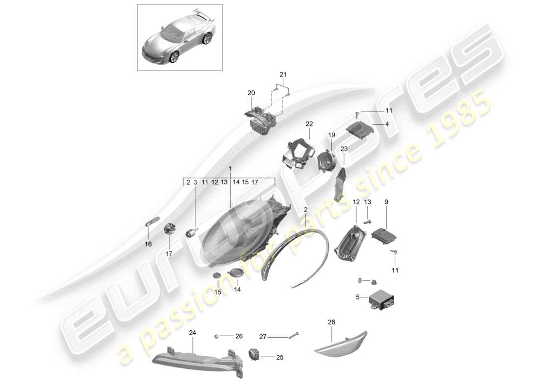 porsche 2021 (991-2 r/gt3/rs) scheinwerfer zusatzscheinwerfer blinker seitenmarkierungsleuchte blinker-repeater d - mj 2018>> ersatzteildiagramm