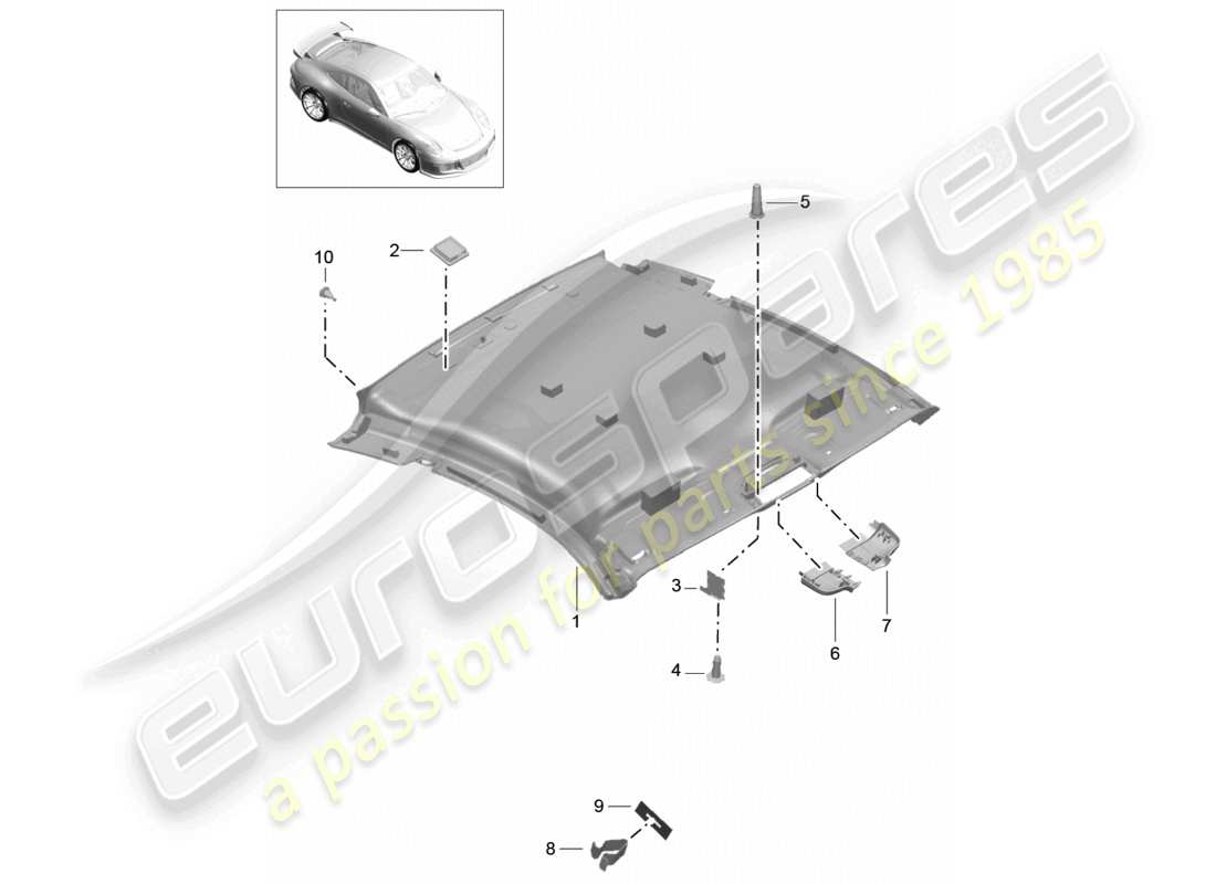 porsche 2021 (991-2 r/gt3/rs) dachverkleidung - teilediagramm