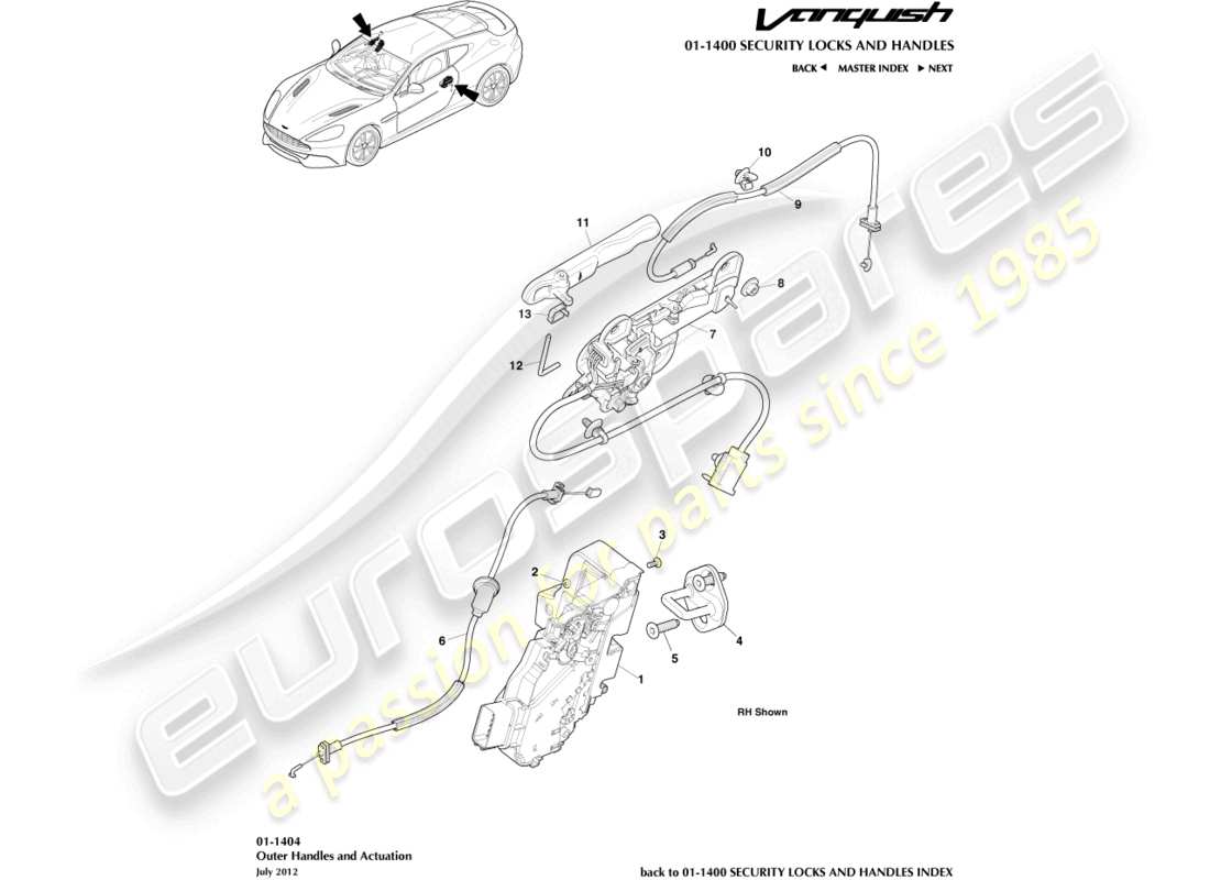 aston martin vanquish (2017) teilediagramm für äußere griffe und betätigung