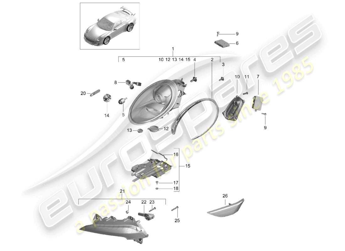 porsche 2021 (991-2 r/gt3/rs) scheinwerfer zusatzscheinwerfer blinker seitenmarkierungsleuchte blinker-repeater d >>- mj 2017 ersatzteilzeichnung