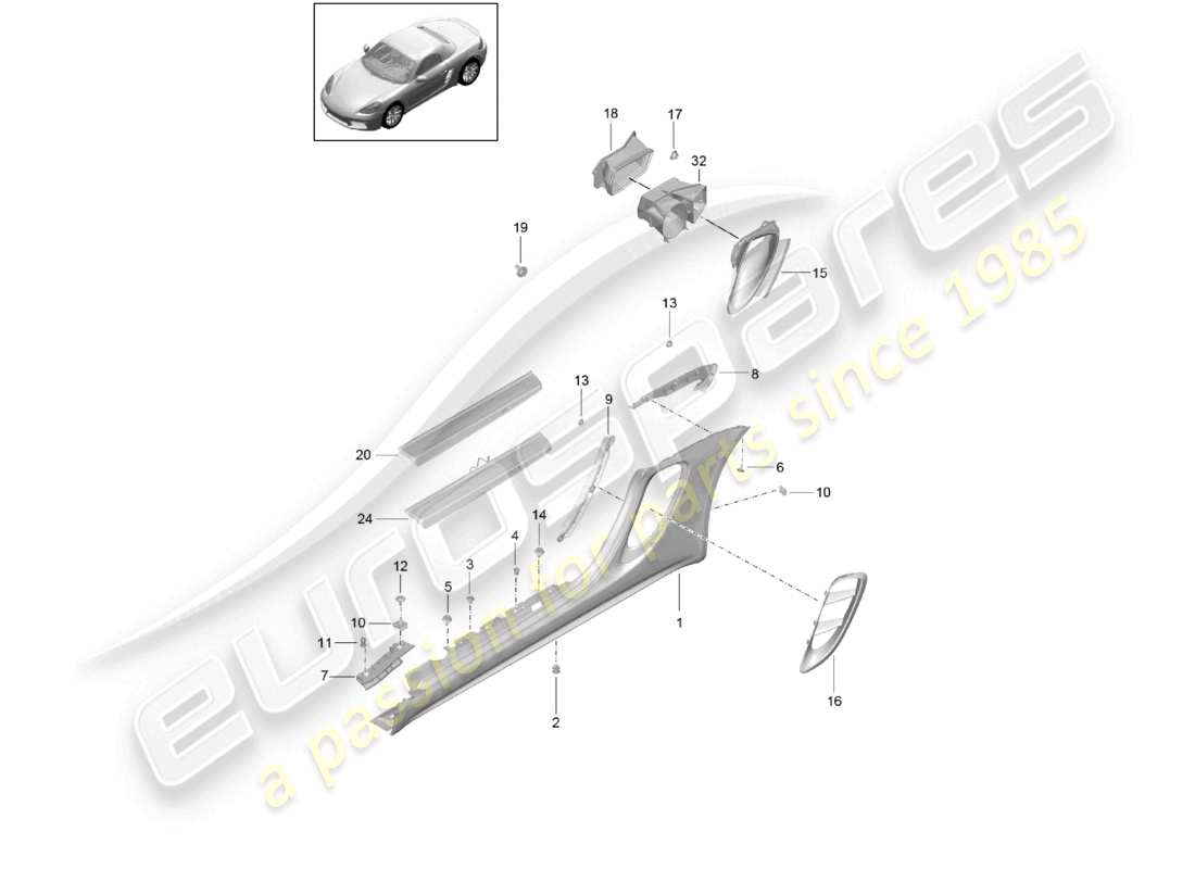 porsche 2023 (718 boxster) seitenteilverkleidung und luftführung motorraum teilediagramm