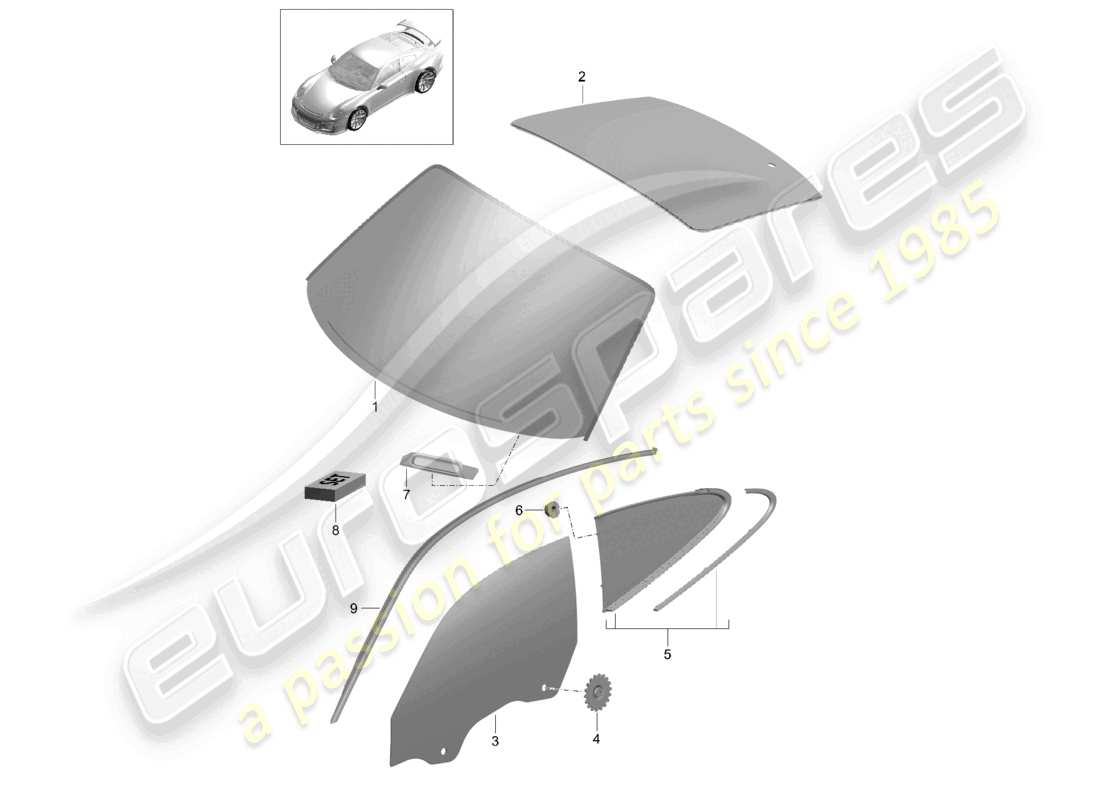 porsche 2021 (991-2 r/gt3/rs) windschutzscheibe seitenscheibe heckscheibe d - mj 2017>> teilediagramm