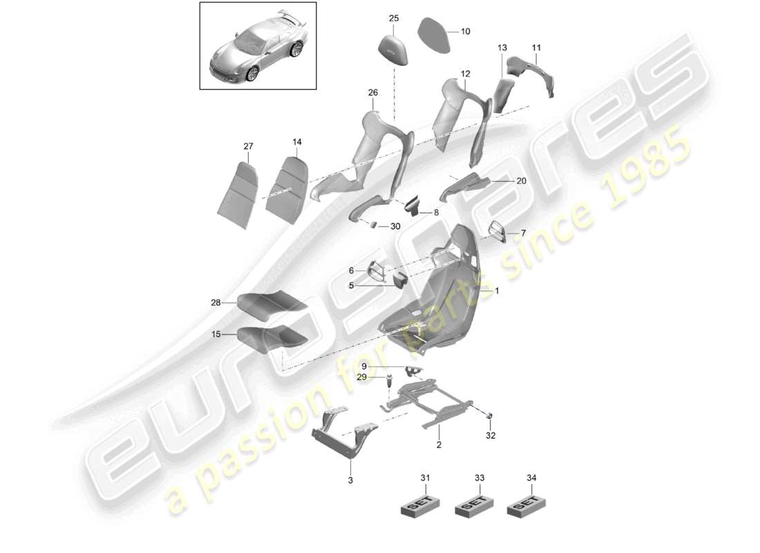 porsche 2021 (991-2 r/gt3/rs) schalensitz sitzrahmen sitzbezüge rückenlehnenbezüge schaumstoffteil teilediagramm