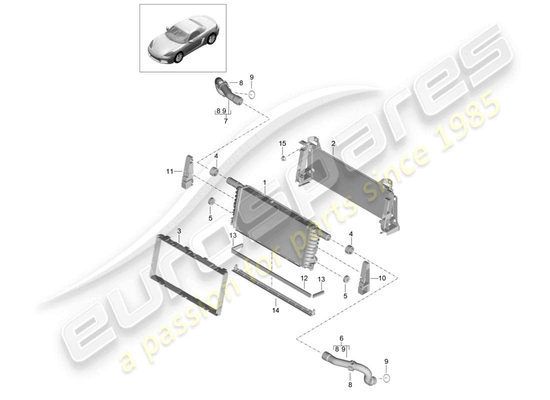 porsche 2024 (718 boxster) kühler für kühlmittelzentrum ersatzteildiagramm