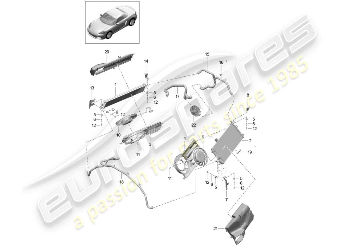porsche 2023 (718 boxster) kühlmittelkühlsystem kühlerlüfter heckteil teilediagramm