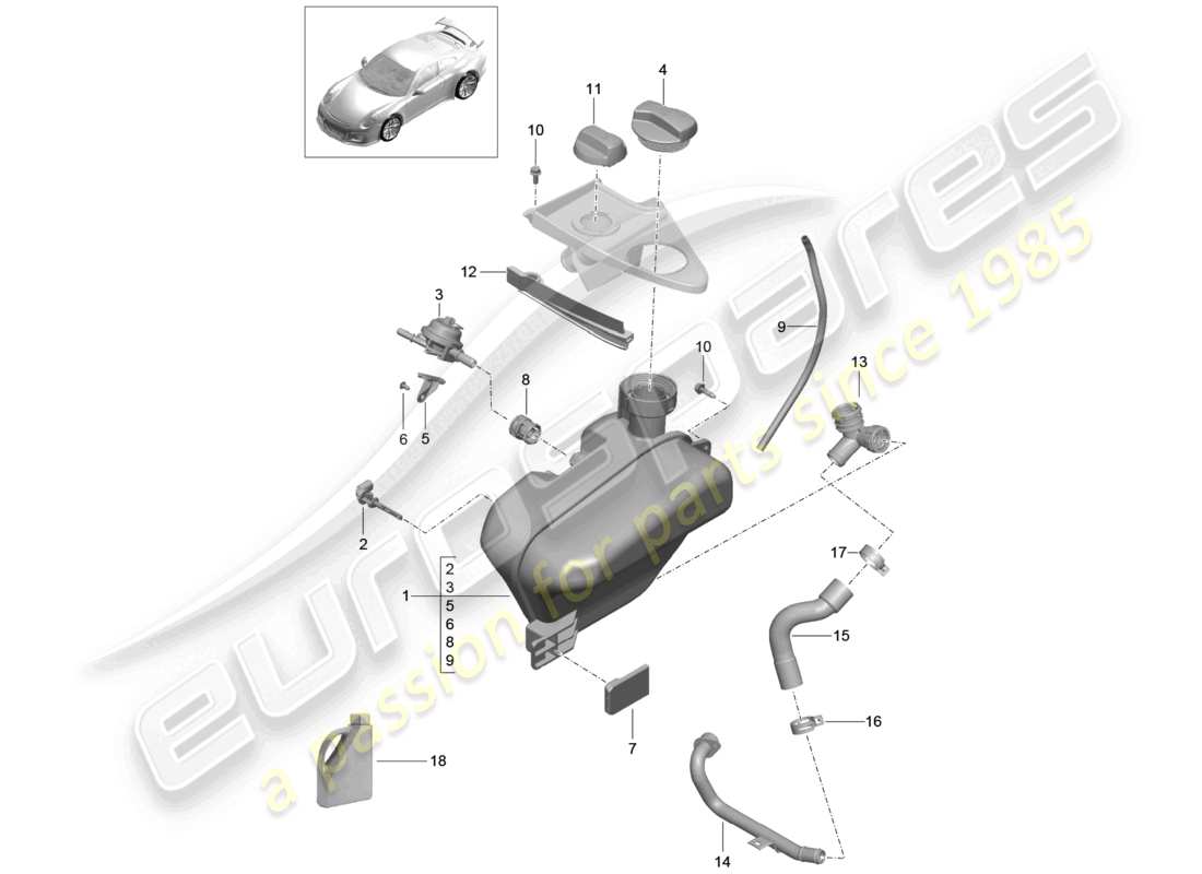 porsche 2021 (991-2 r/gt3/rs) kühlmittelkühlsystem reservoir teilediagramm