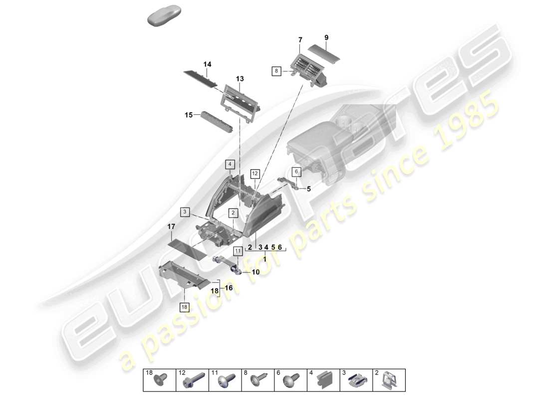 porsche 2024 (panamera 976) teilediagramm der hinteren mittelkonsole