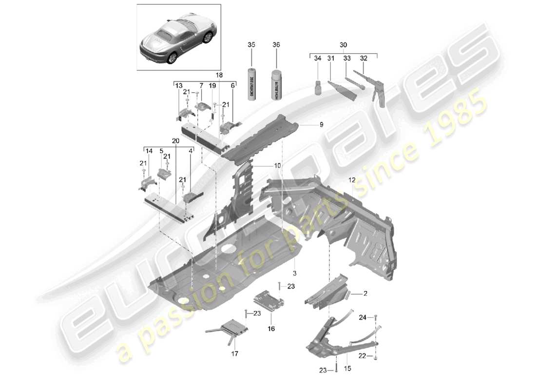 porsche 2023 (718 boxster) bodenplatten mitte teilediagramm