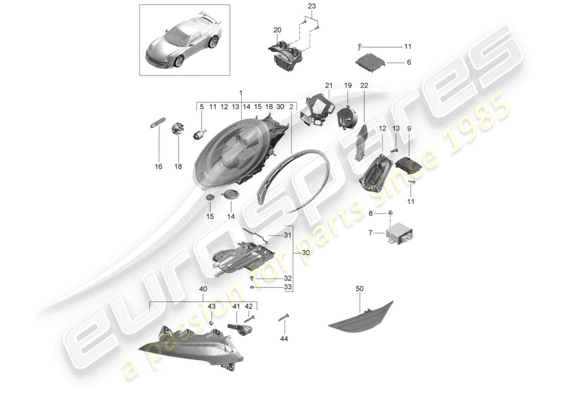 porsche 2021 (991-2 r/gt3/rs) led-scheinwerfer zusatzscheinwerfer blinker seitenmarkierungsleuchte blinker-repeater d >>- mj 2017 ersatzteilzeichnung