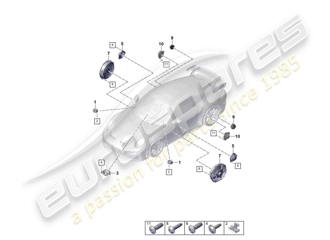 porsche 2026 (992-2 gt3) lautsprecher-basisteildiagramm des bose-soundsystems