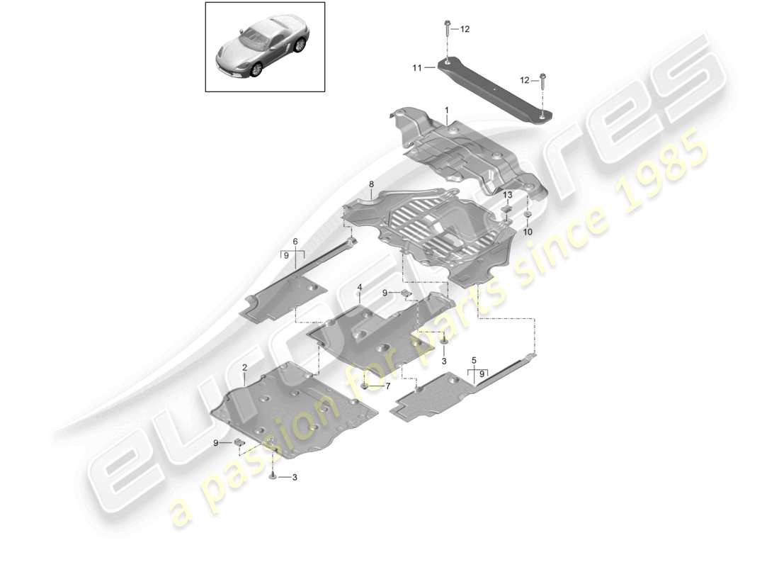porsche 2021 (718 boxster) teilediagramm für die verkleidung des unterbodens
