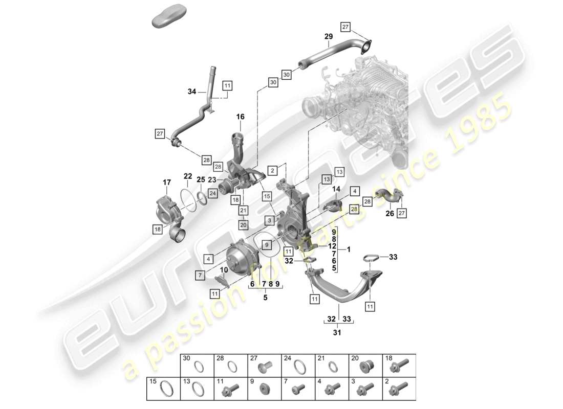 porsche 2021 (718 cayman gt4) kühlmittelpumpenthermostat thermostatgehäuse teilediagramm
