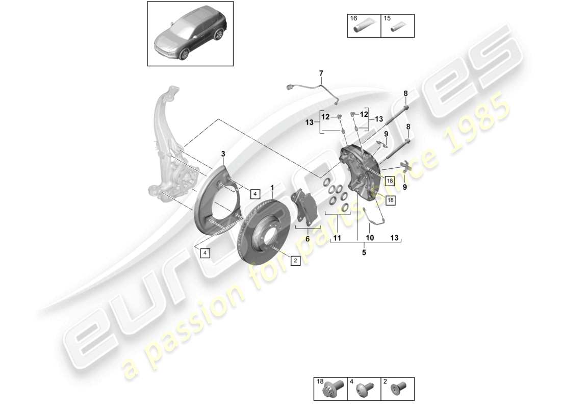 porsche 2021 (cayenne e3 9ya/9yb) scheibenbremse 19 vorderachse teilediagramm