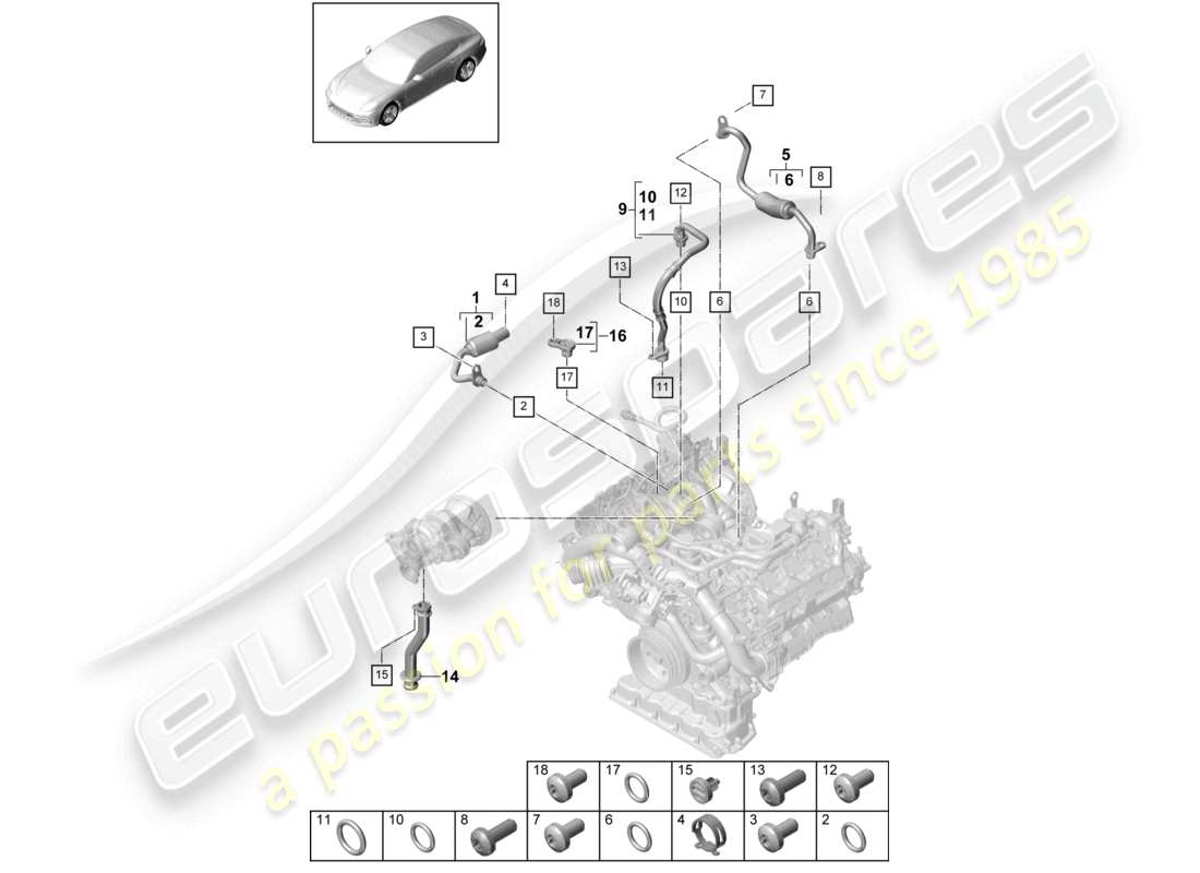 porsche 2021 (panamera 971-1) kühlmittelkühlung für turbolader öldruckleitung für abgasturbolader teilediagramm