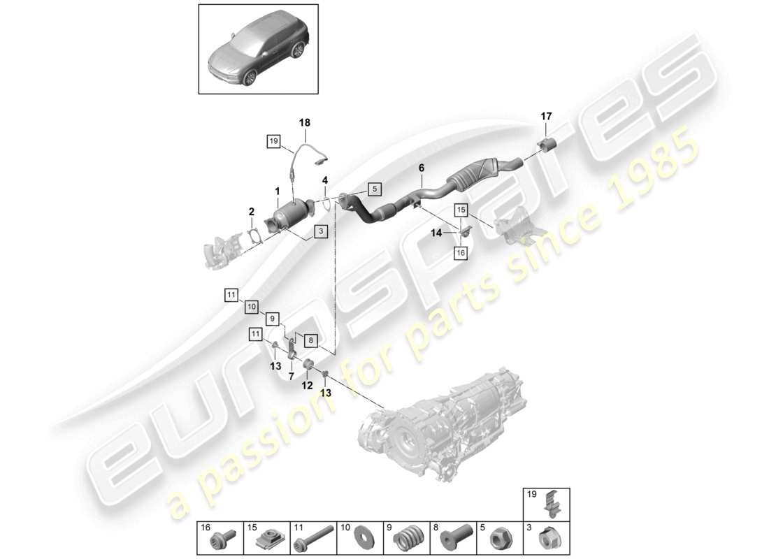 porsche 2021 (cayenne e3 9ya/9yb) abgasanlage katalysator abgasrohr mit vorschalldämpfer lambdasonde teilediagramm