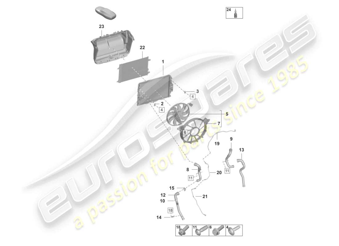 porsche 2023 (992-1 gt3/rs/st) kühler für kühlmittelzentrum kühlerlüfter teilediagramm