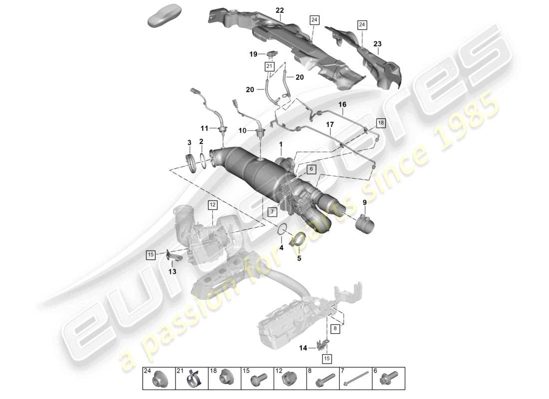 porsche 2024 (992-2) katalysator benzinpartikelfilter befestigungen und sensoren teilediagramm