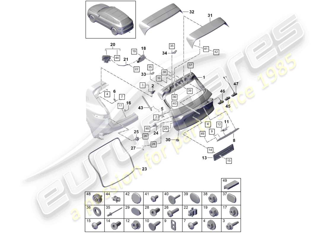 porsche 2021 (cayenne e3 9ya/9yb) hinterer deckel teilediagramm