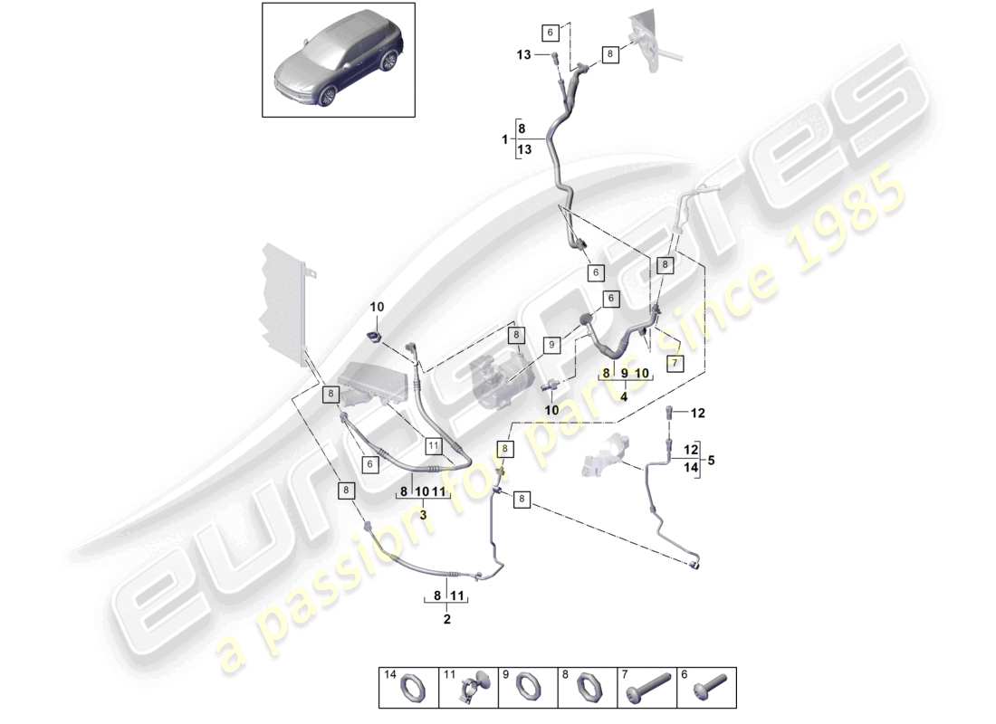 porsche 2022 (cayenne e3 9ya/9yb) kältemittelkreislauf v6 r1234yf für fahrzeuge mit hybridantrieb ersatzteildiagramm