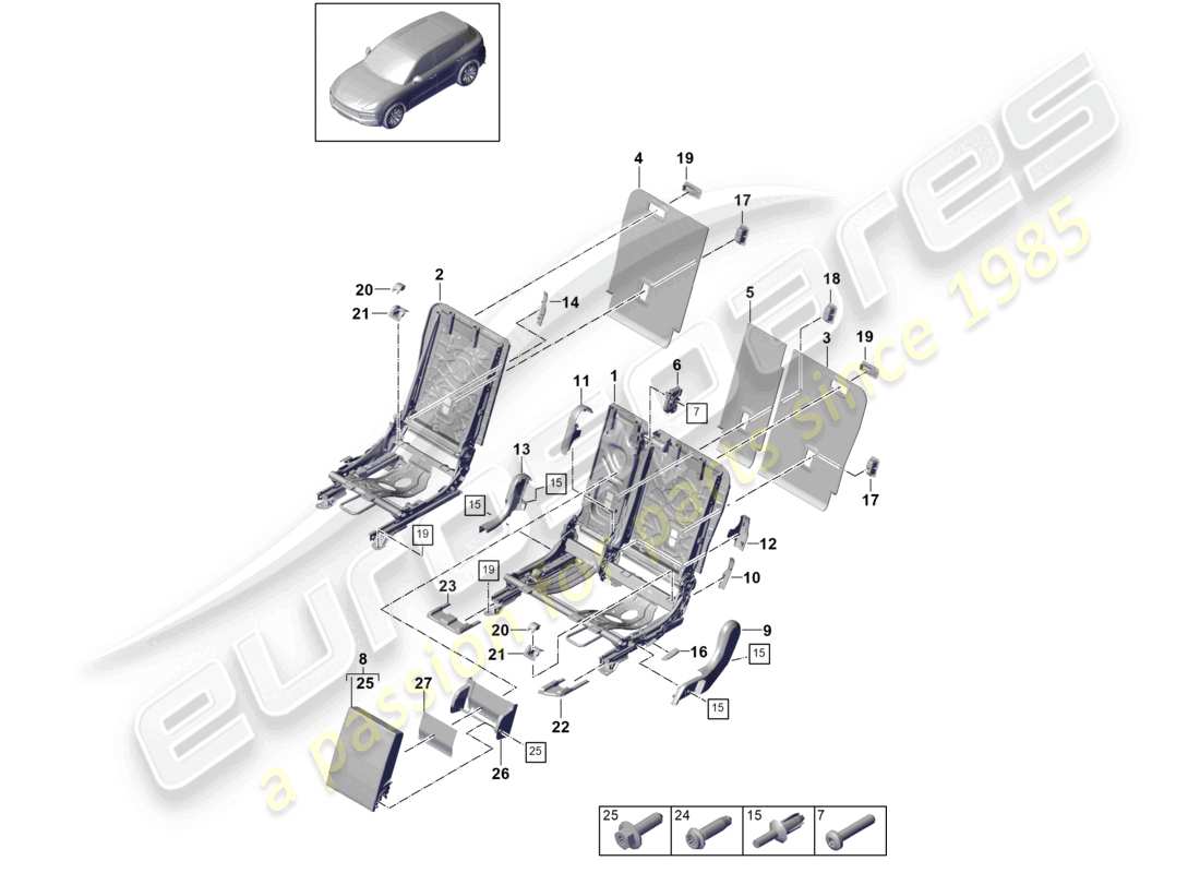 porsche 2024 (cayenne e3 9ya/9yb) rücksitzlehne verkleidung zubehör standardsitz teilediagramm