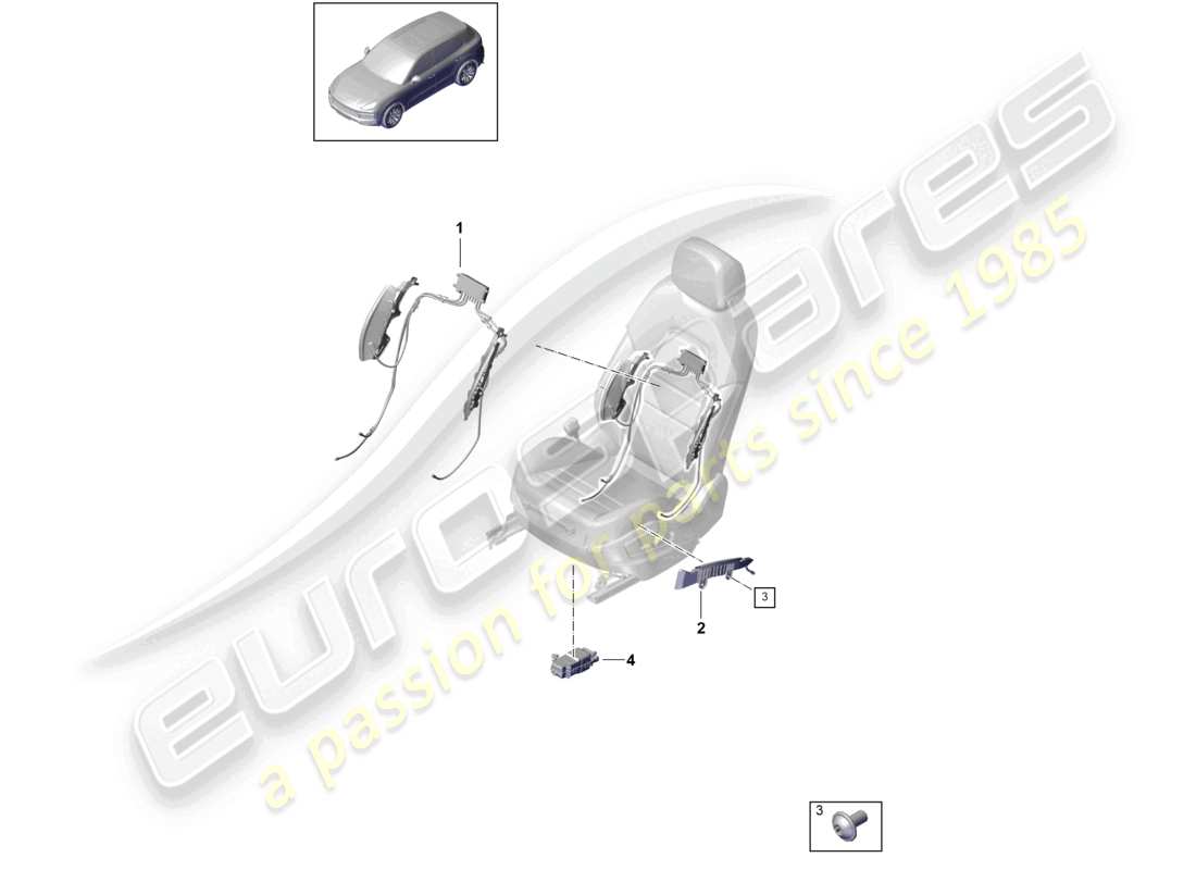 porsche 2024 (cayenne e3 9ya/9yb) pneumatische komponenten für sitz vorne sportsitz teilediagramm