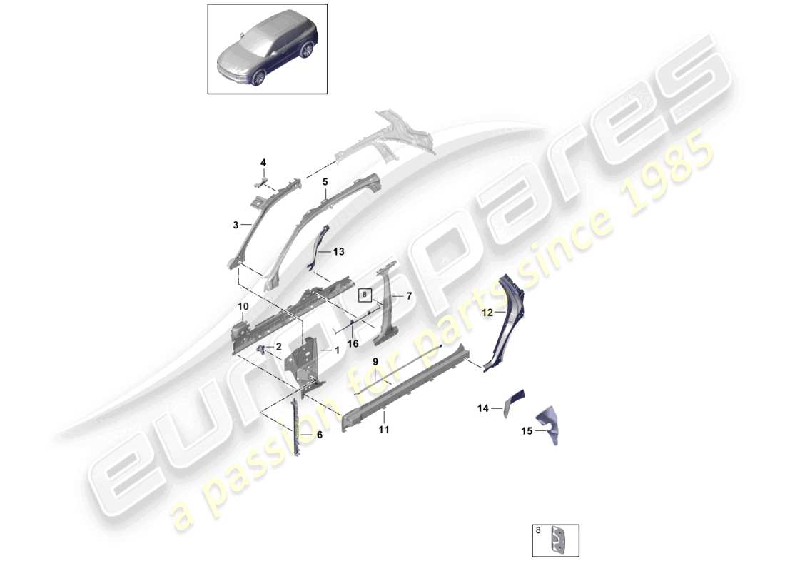 porsche 2024 (cayenne e3 9ya/9yb) seitenteil vorne, innen teilediagramm