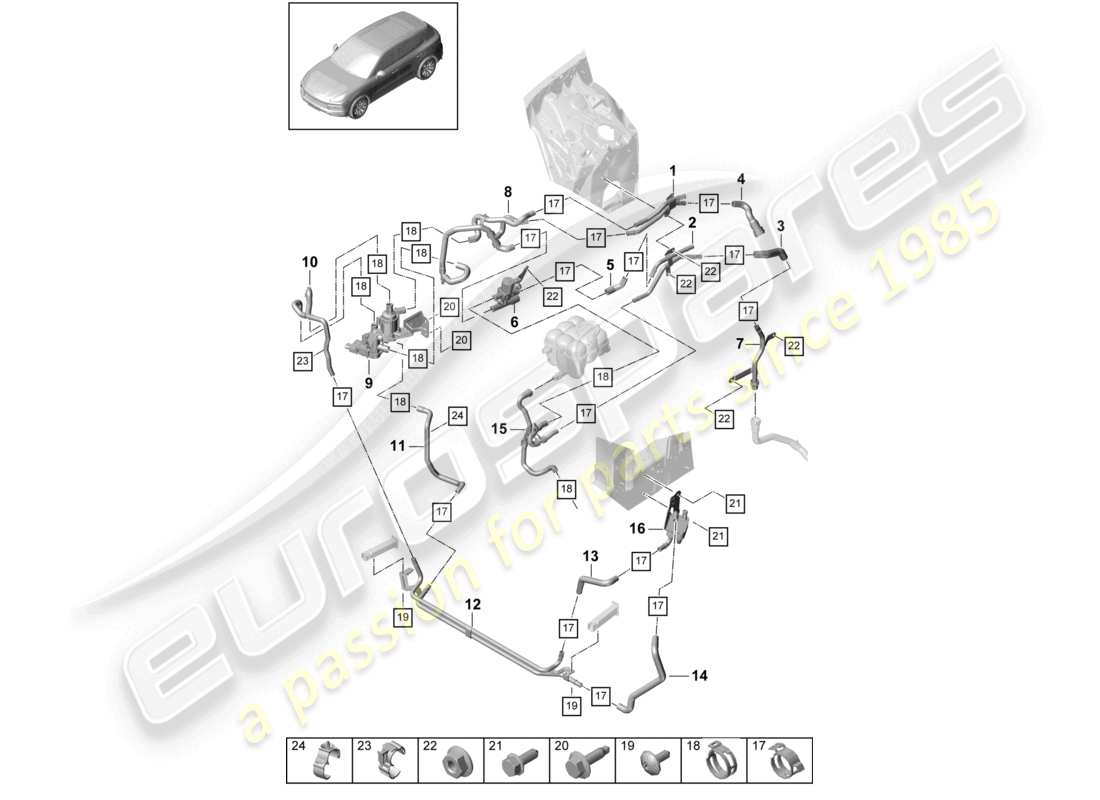 porsche 2024 (cayenne e3 9ya/9yb) heizgerät v6 hochtemperaturkreislauf vorn für fahrzeuge mit hybridantrieb ersatzteilzeichnung