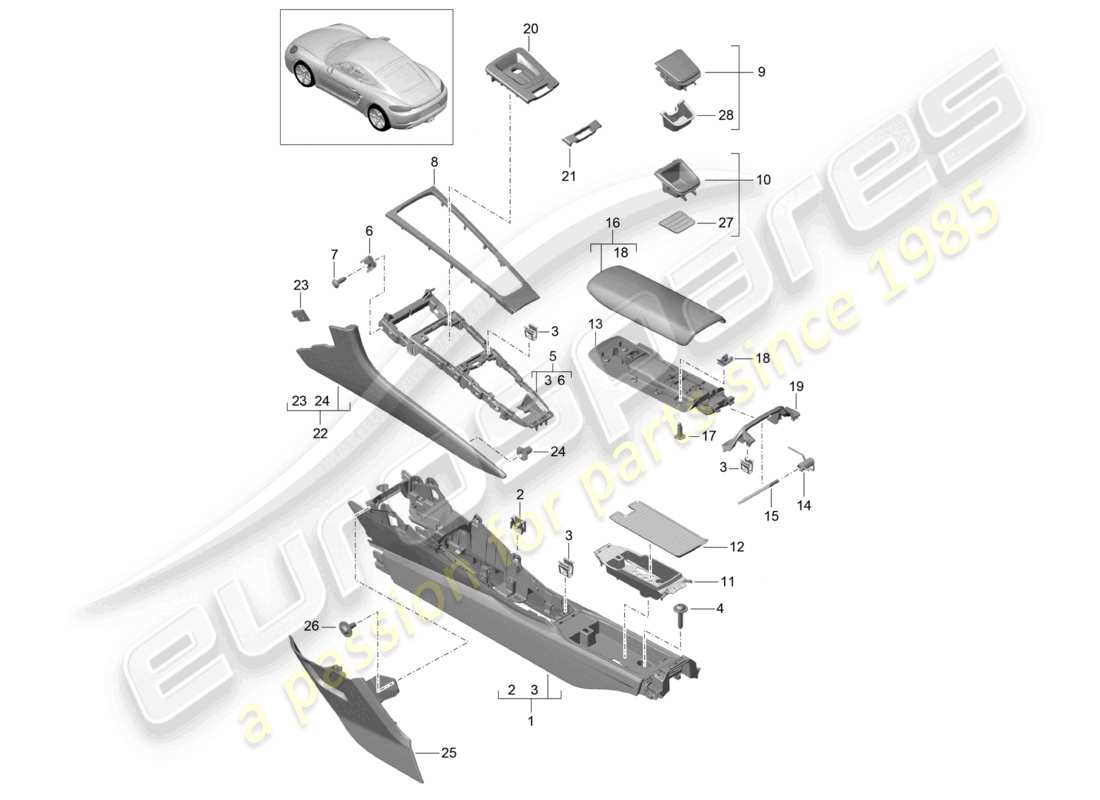 porsche 2023 (718 cayman) mittelkonsole ersatzteildiagramm