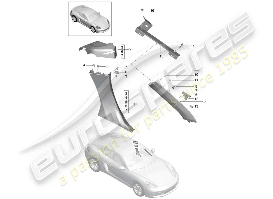 porsche 2022 (718 cayman) seitenverkleidung b-säule teilediagramm