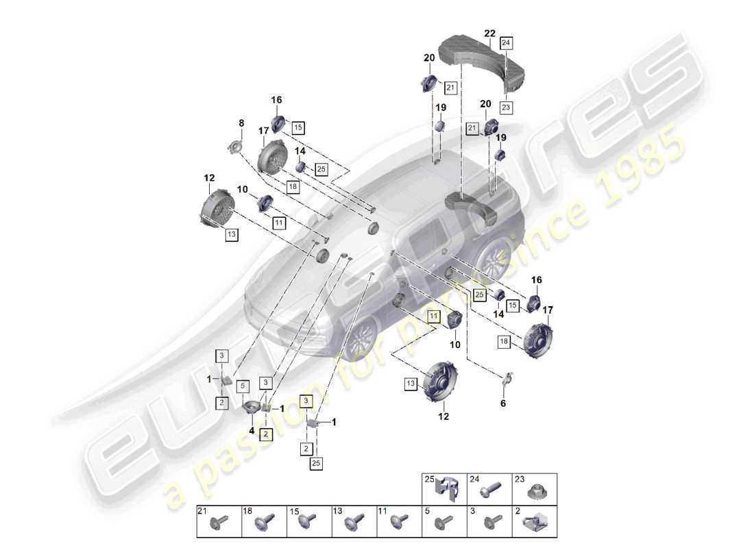 porsche 2024 (cayenne e3 9ya/9yb) lautsprecher-teilediagramm