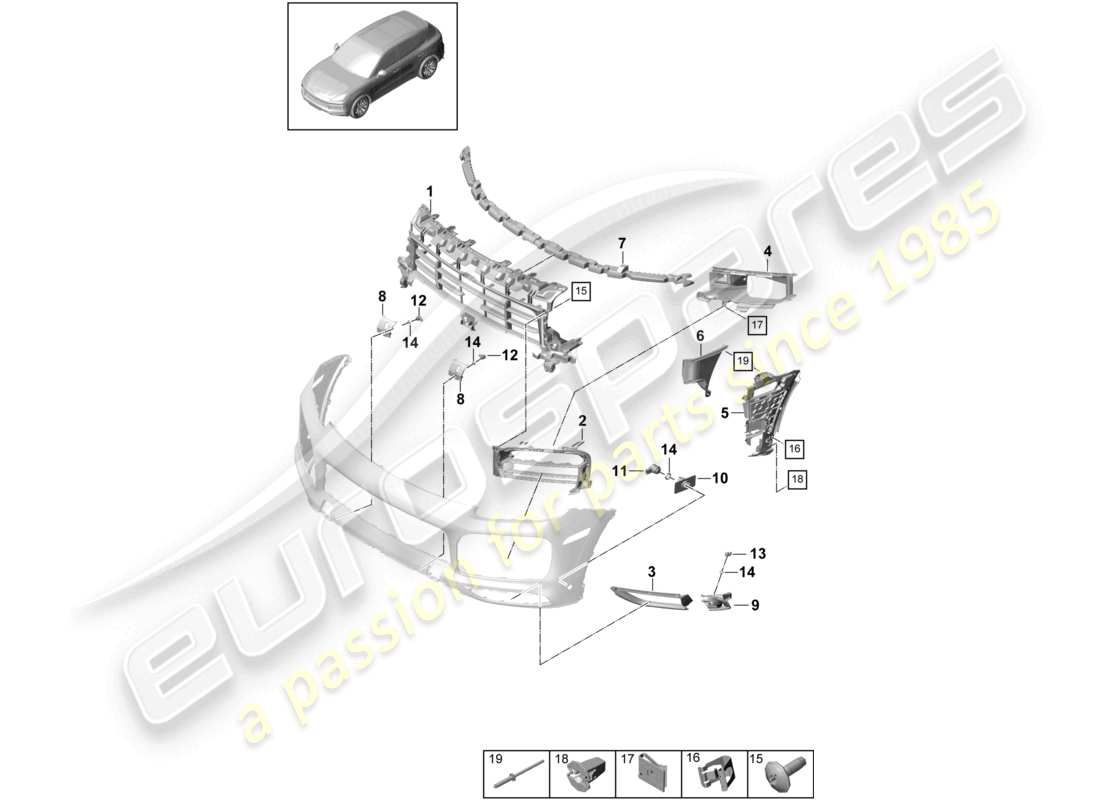 porsche 2023 (cayenne e3 9ya/9yb) stoßfänger vorne einzelteile basis und befestigungsmaterial sport design paket teilediagramm