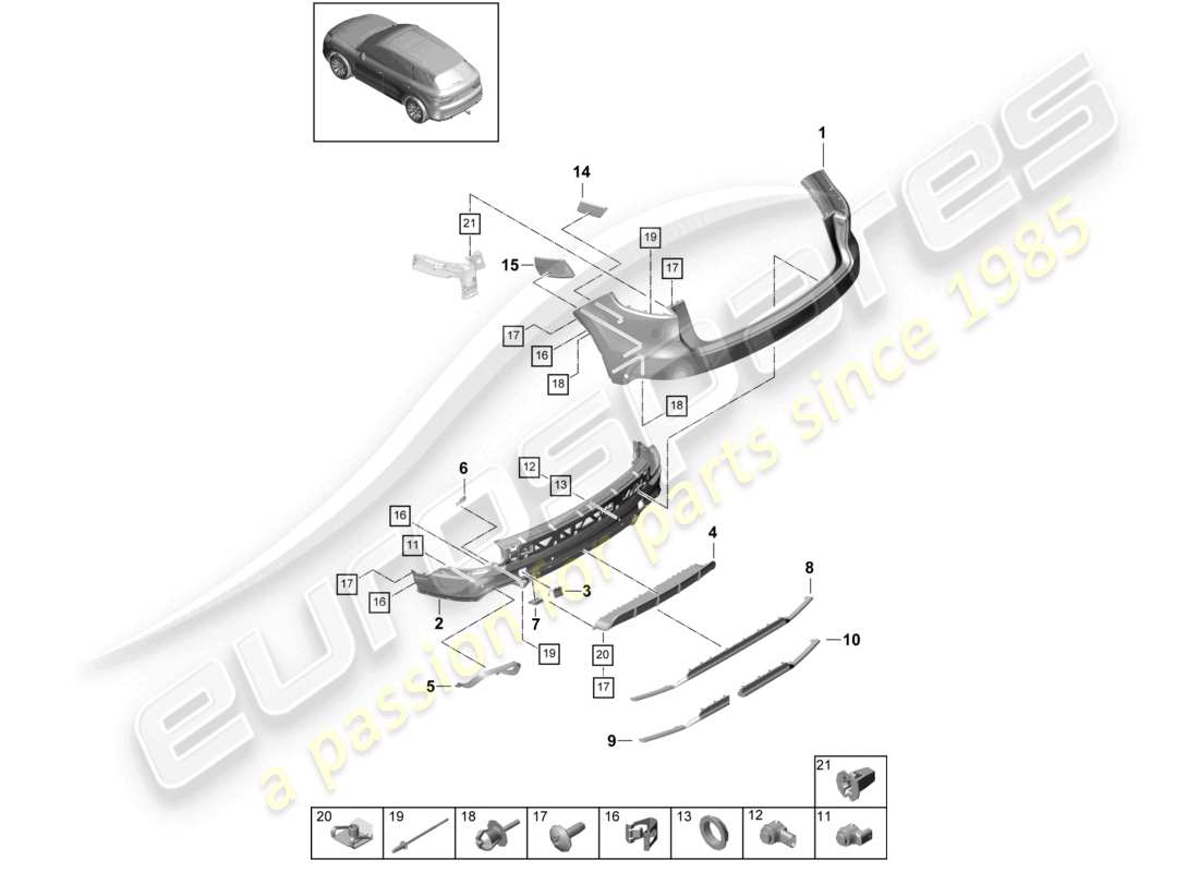 porsche 2023 (cayenne e3 9ya/9yb) stoßfänger hinten sport design paket carbon-effekt teilediagramm