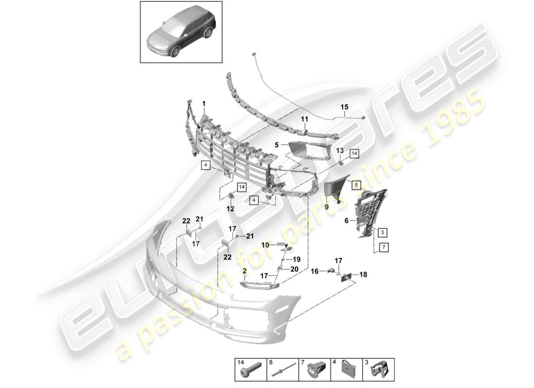 porsche 2024 (cayenne e3 9ya/9yb) stoßfänger turbo einzelteile und befestigungen teilediagramm