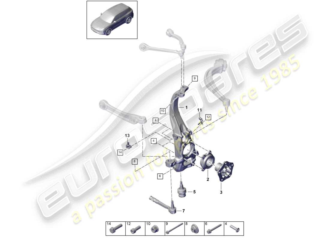 porsche 2021 (cayenne e3 9ya/9yb) radträger schwenklagerung radnabe vorderachse teilediagramm