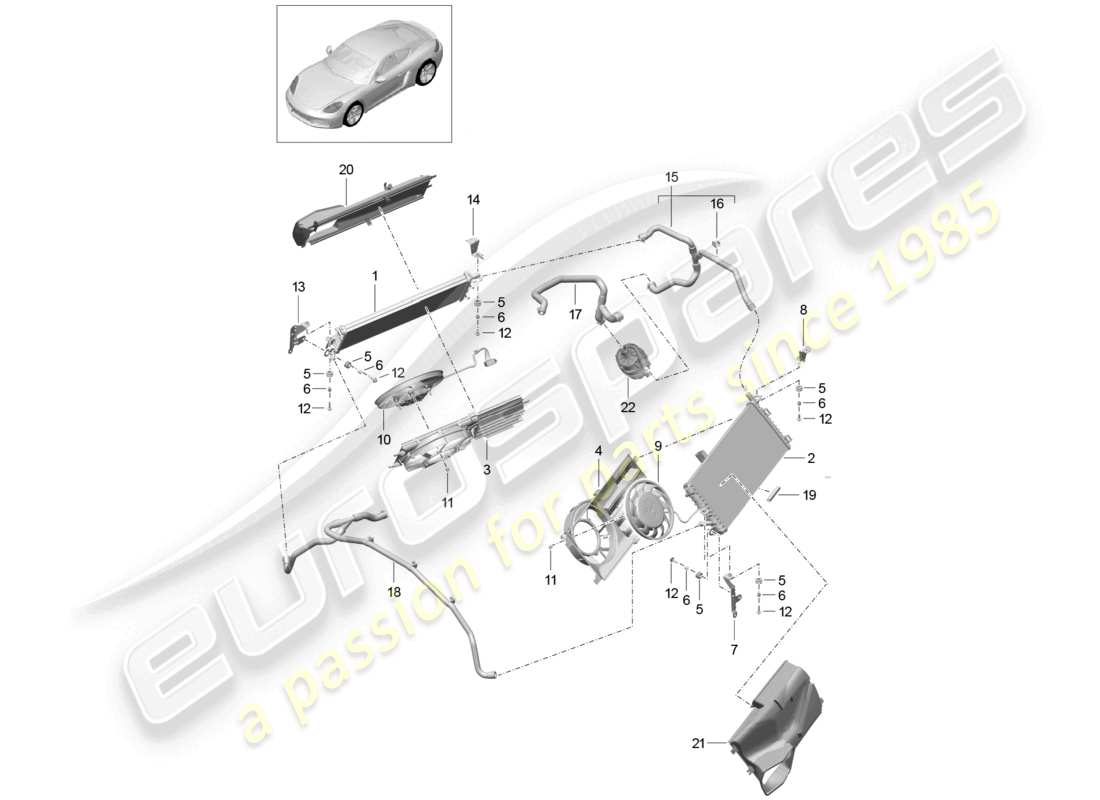 porsche 2025 (718 cayman) kühlmittelkühlsystem kühler für kühlmittel kühlerlüfter heckteil teilediagramm