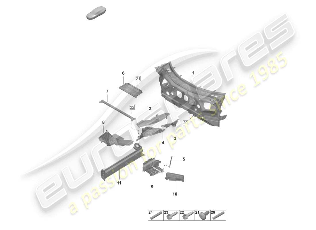 porsche 2021 (992-1 turbo / s) frontend spritzwand längsträger einzelteile teilebild