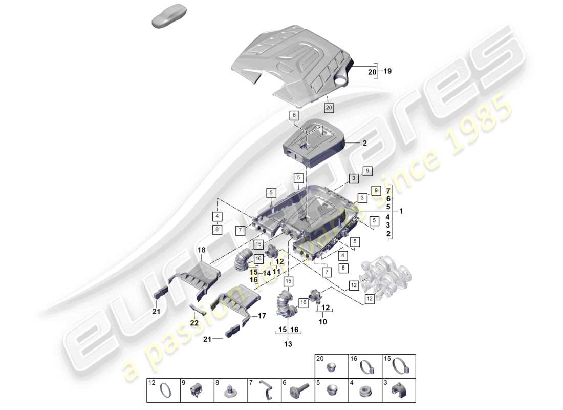 porsche 2025 (cayenne e3 pa) luftfilter mit anschlussteilen motorabdeckung teilediagramm