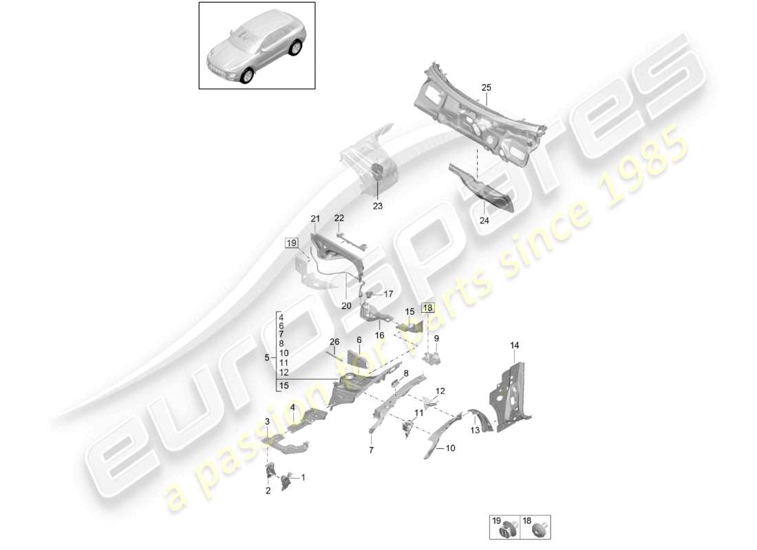 porsche 2021 (macan) vordere federbeinbefestigung firewall-teilediagramm