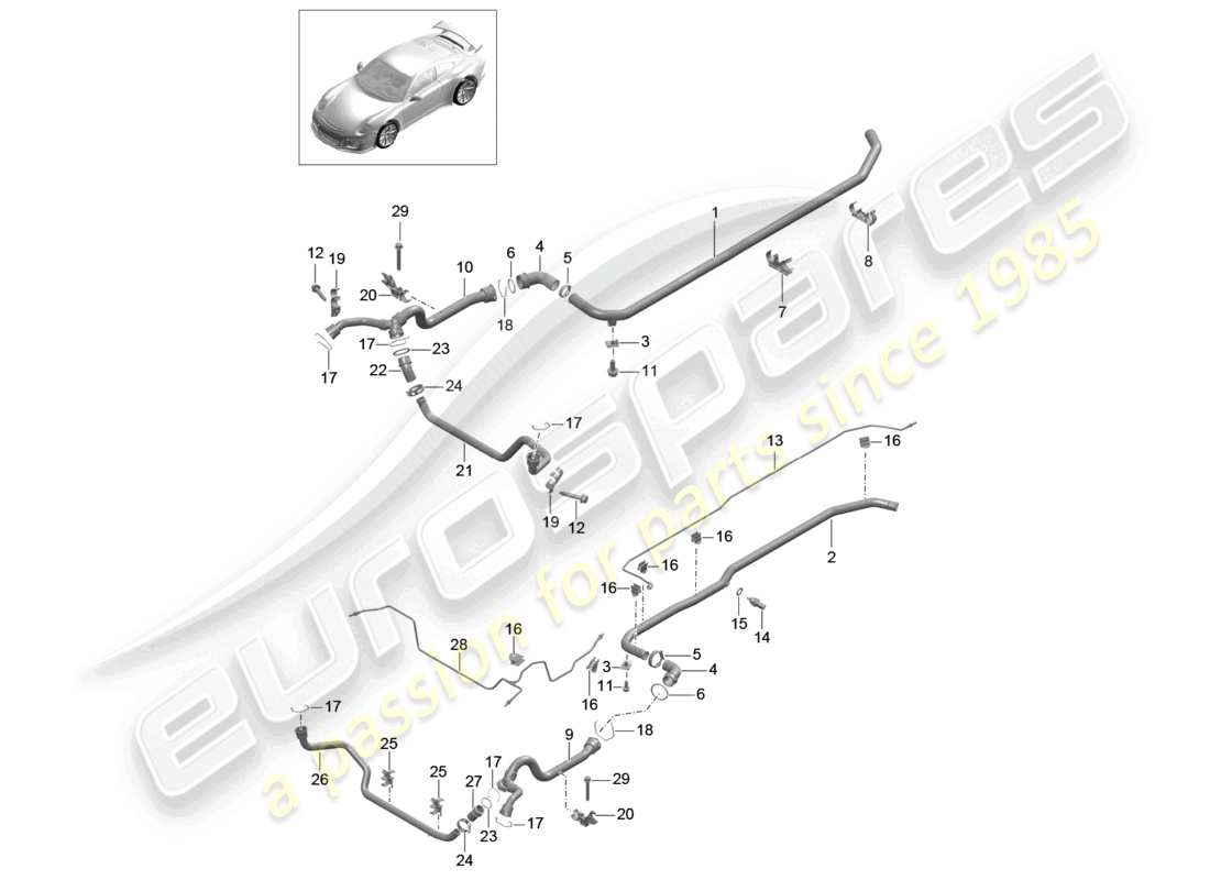 porsche 2021 (991-2 r/gt3/rs) kühlmittelkühlsystem vorderes ende teilediagramm