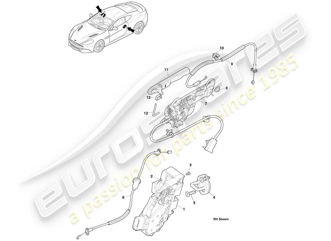 aston martin vanquish (2013) teilediagramm für äußere griffe und betätigung