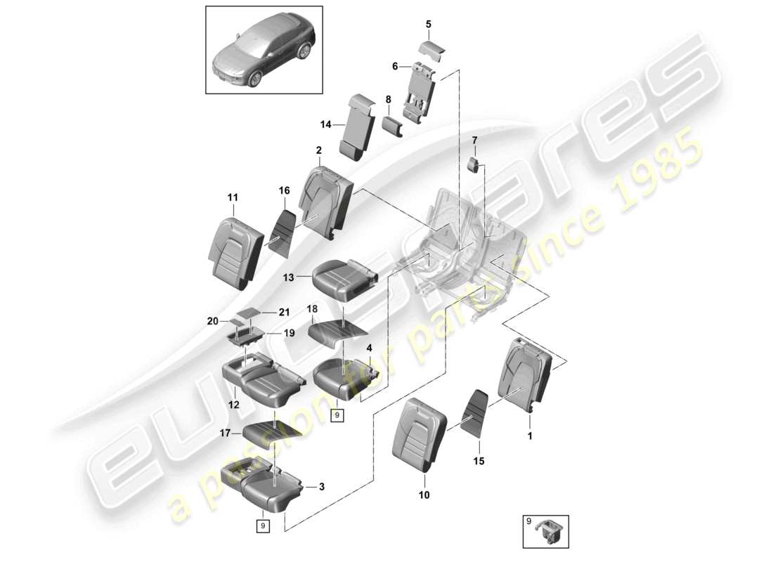 porsche 2021 (cayenne e3 9ya/9yb) sitz hinten sportsitz schaumstoffteil rückenlehnenbezüge sitzbezüge teilediagramm