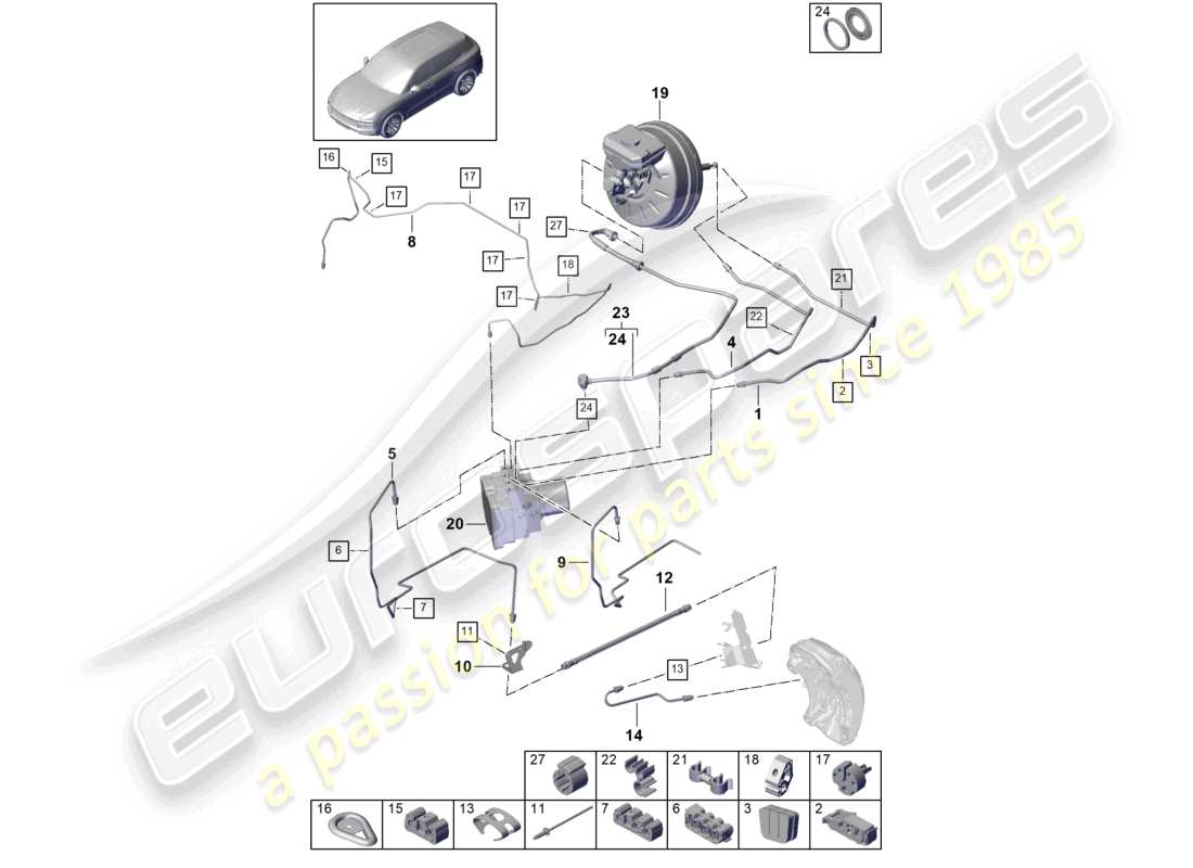 porsche 2022 (cayenne e3 9ya/9yb) bremsleitung phev frontend teilediagramm