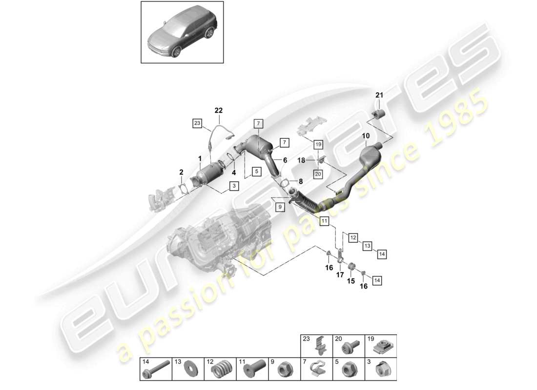 porsche 2023 (cayenne e3 9ya/9yb) abgasanlage katalysator mit ottopartikelfilter abgasrohr mit vorschalldämpfer lambdasonde teilediagramm