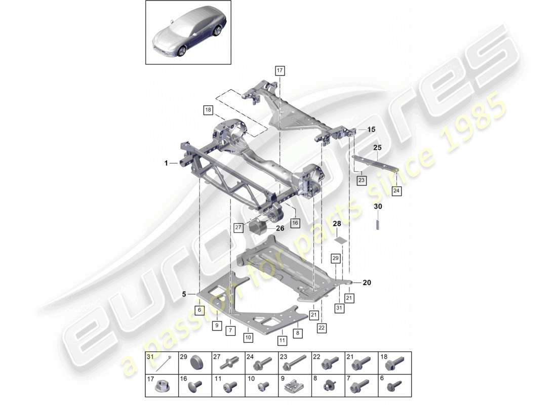 porsche 2021 (panamera 971-1) tragrahmen querträger schutzblech teilediagramm